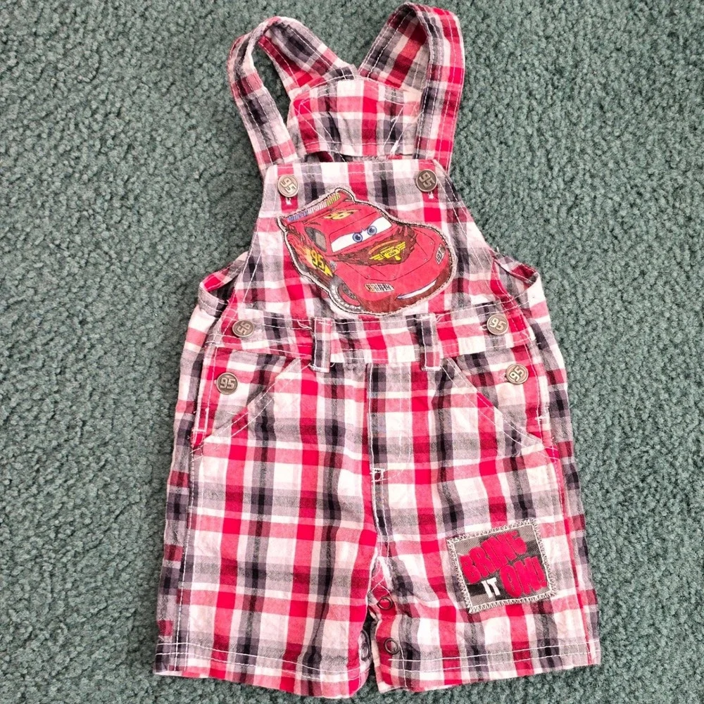 Disney‎ Baby Boy Lightning McQueen Cars Plaid Short Overalls Red Black Vintage